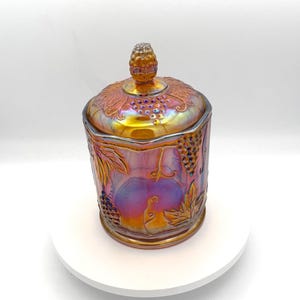 Amber Carnival Glass Lidded Jar: 1970s Indiana Harvest Grape Candy Dish