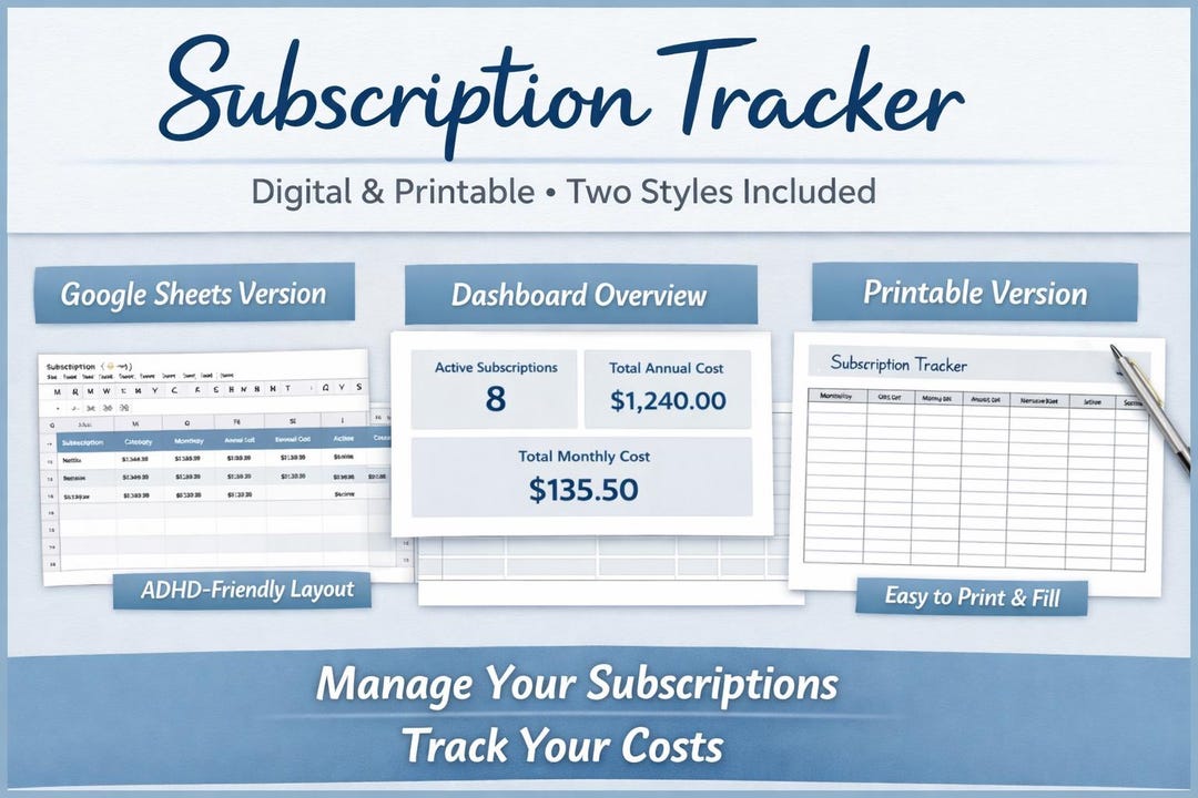 Subscription Tracker Spreadsheet | Digital + Printable | Monthly ...