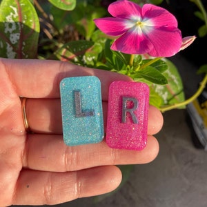 May include: Two small, rectangular resin tiles with glitter embedded in them. The tile on the left is light blue with the letter "L" in silver. The tile on the right is pink with the letter "R" in silver.