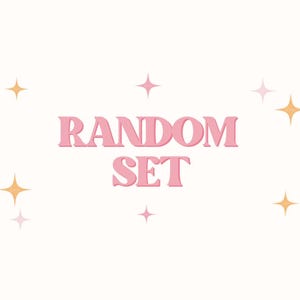 May include: Pink text on a white background reads "RANDOM SET" with small pink and gold stars scattered around the text.