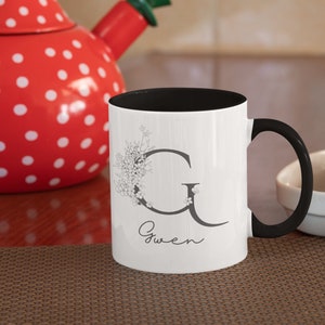 Taza con nombre personalizado, taza con letra inicial, monograma floral, 15 oz 11 oz, taza de flores silvestres,