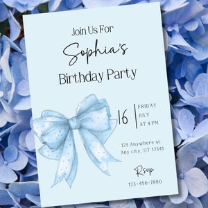 Blaue Schleife Coquette Geburtstagseinladung, Schleife Geburtstag einladen, Kokette Party, französische blaue Schleife