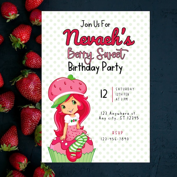 Berry Sweet Birthday Party Invitation, Strawberry Shortcake Birthday, Fresa Girl Birthday, Kids Bday Party, Custom Party Invite, Girls Bday