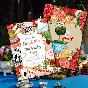 Alice in Wonderland themed birthday invitation with vintage flowers and a mad tea party.