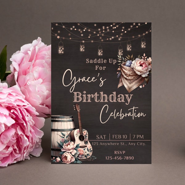 Rose Gold Western Birthday Invite, Cowgirl Invite, Rustic Birthday, Boho Country Invite, Rodeo Birthday