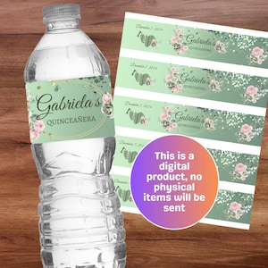Rótulo de garrafa de água Sage Pink Quinceanera, embalagem de garrafa de água personalizada, lembrancinha de festa personalizada, qualquer evento
