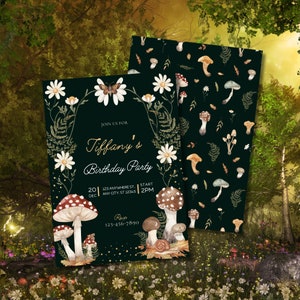 Invito di compleanno a tema fungo malinconico, compleanno nel bosco, festa di compleanno accogliente, festa nella foresta incantata, invito verde e oro, festa di compleanno per bambini