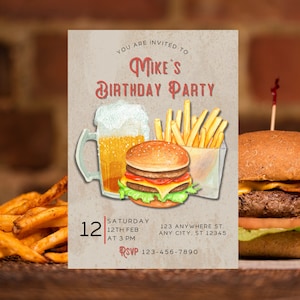 Invitation fête d'anniversaire bière et hamburgers, hamburgers et frites, anniversaire hamburger, barbecue d'anniversaire adulte, cadeau pour lui, invitation fête des pères