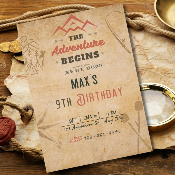 Explorer Birthday Invite Template, Outdoor Birthday Invitation, Editable Template, Nature Party Invite, Smore Birthday Fun, Vintage Map