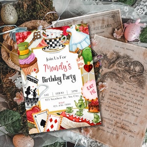 Invito di compleanno di Alice nel Paese delle Meraviglie, Festa a tema Alice, Invito a una festa stravagante, Festa di compleanno per bambini, Invito a una festa personalizzata, Mad Tea Party immagine 5