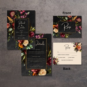 Dunkel Florale Hochzeitseinladung Vorlage, DIY-Hochzeits-Einladungsset, Moderne Hochzeit, Schwarz-Goldhochzeit, Schwarz mit Floral