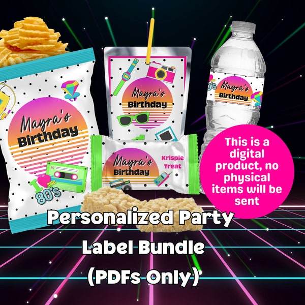 Back to the 80s Personalized Party Bundle, Custom Chip Bag, Custom Candy Bar, Custom Water Label, 80s Birthday Bundle, Retro Party