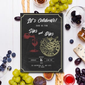 Invitación a fiesta de charcutería Sips and Dips, fiesta de noche de mesa, invitación de inauguración de la casa, noche de chicas, fiesta de cata de vinos