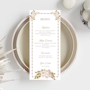 Champagner Rose-Speisekarte, Beige Rose-Speisekarte, Gartenparty-Speisekarte, Florales Menü-Vorlage