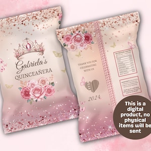Rosa Rosen Quinceanera Party Chip Tasche, benutzerdefinierte Geburtstag Chip Tasche, Rosegold Party, Mis Quince Chip Tasche, Canva Vorlage, DIY Party Decor