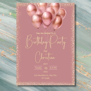 Rose Gold Birthday Invite Template, Birthday Invitation, Editable Template, Invite for her, Pink Birthday Brunch, rose gold invites