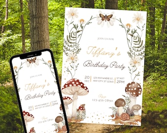 Mushroom Birthday Invite, Woodland Birthday, Cosy Birthday Party, Enchanted Forest Party, Green and Gold Invite,Kids Bday Party