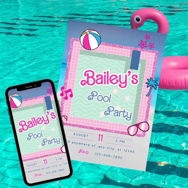 Malibu Doll Pool Party Invite, Girl Party Invitation, Digital Template, Barbie Pool Party, Kids Bday Party, Pink Doll Party
