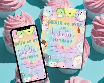 Squishies Party Invite, Girl Party Invitation, Digital Template, Soft Toy Party, Kids Bday Party, Printable Invite, squishy birthday