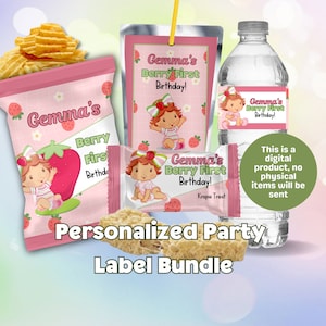 Custom Strawberry Baby Birthday Party Bundle, Custom Favors, Custom Snack Labels, Customized Party Printables, Kids Bday Party