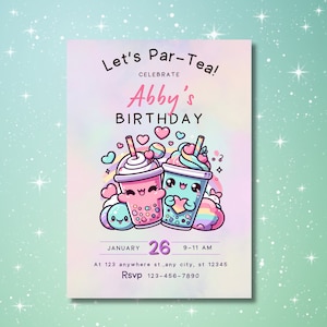 Bubble Tea verjaardagsuitnodiging, uitnodiging meisje feest, digitale sjabloon, Milk Tea Party, Kids Bday Party, afdrukbare uitnodiging, thema boba Tea Party