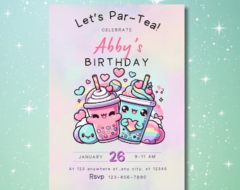 Bubble Tea Birthday Invite, Girl Party Invitation, Digital Template, Milk Tea Party, Kids Bday Party, Printable Invite, Boba Tea Party Theme