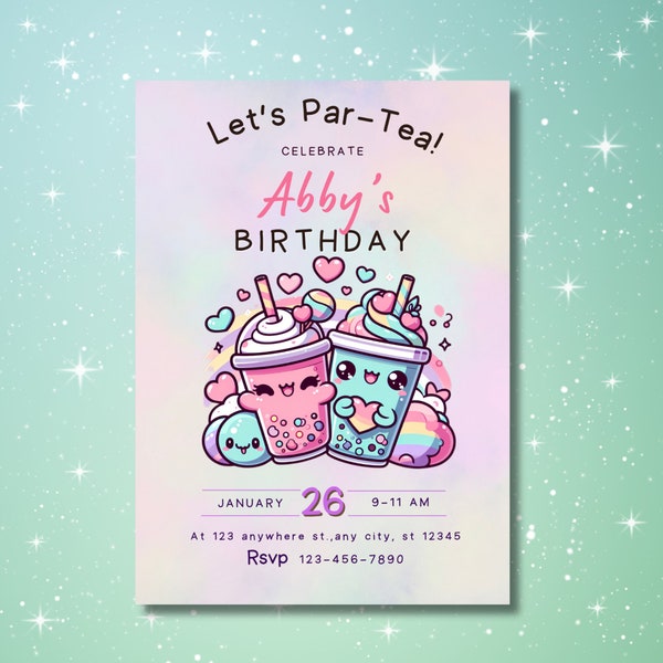 Invitation d'anniversaire de bubble tea, faire-part de fille, modèle numérique, thé au lait, fête d'anniversaire d'enfants, invitation à imprimer, thème Boba Tea Party