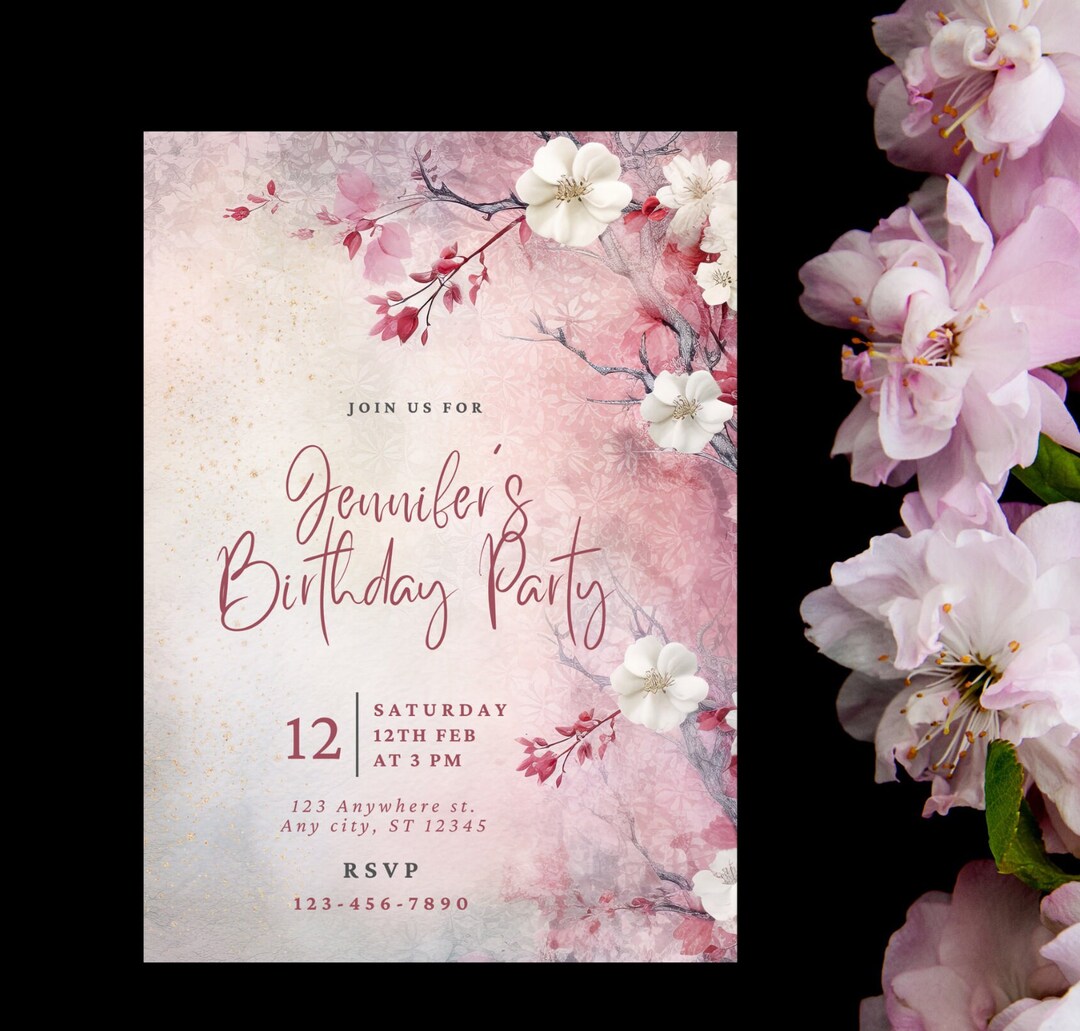 Red Cherry Blossom Birthday Invite, Birthday Invitation, Floral Gold ...