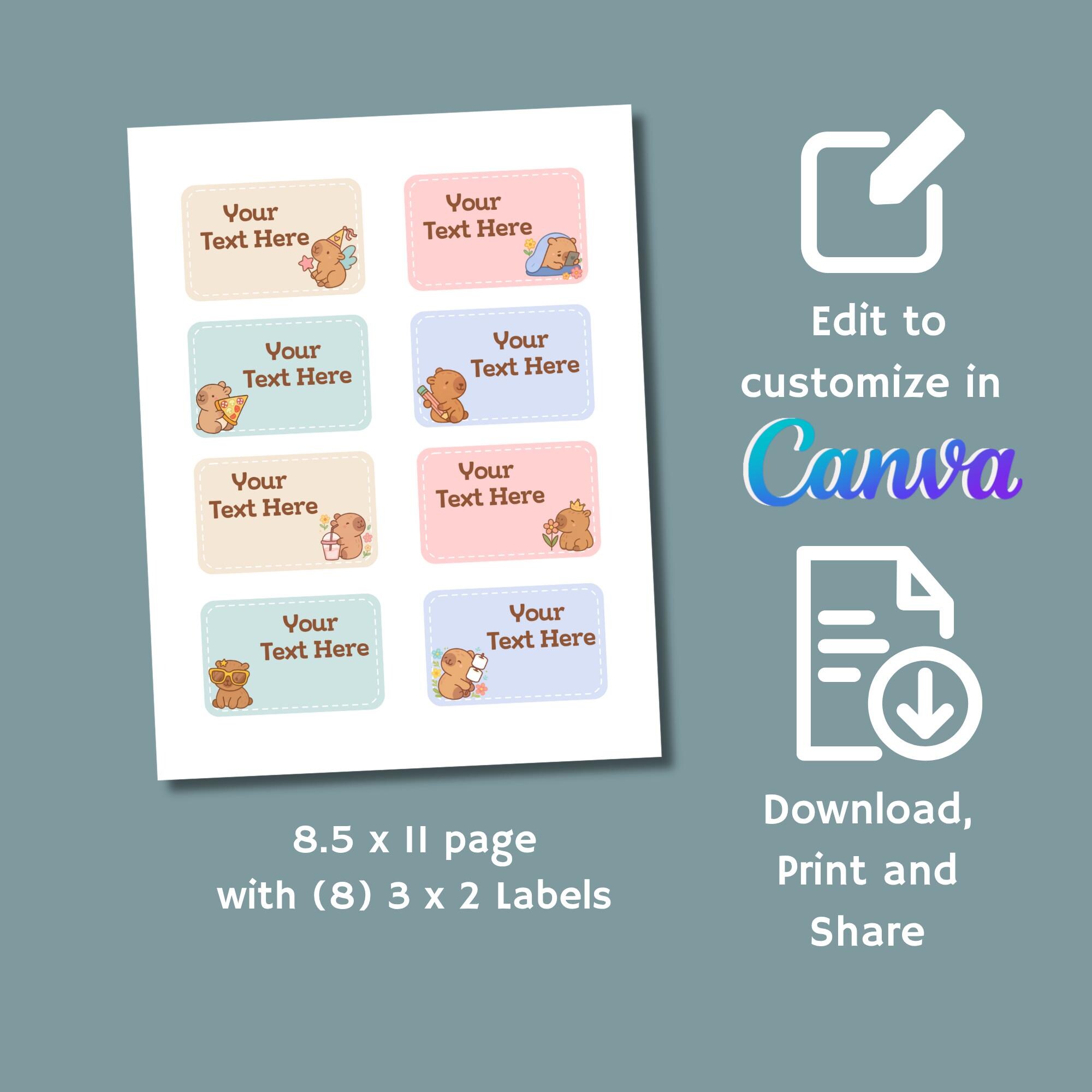 Capybara Notebook Label Editable Printable Capybara Labels, 3 X 2 Inch Name Stickers, Back to School ...