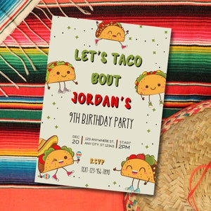 Invitation à une fête d’anniversaire Taco, Invitation d’anniversaire Taco, Fête à thème Mexique, Fête d’anniversaire pour enfants, Tacos Kawaii, Carte Tacos