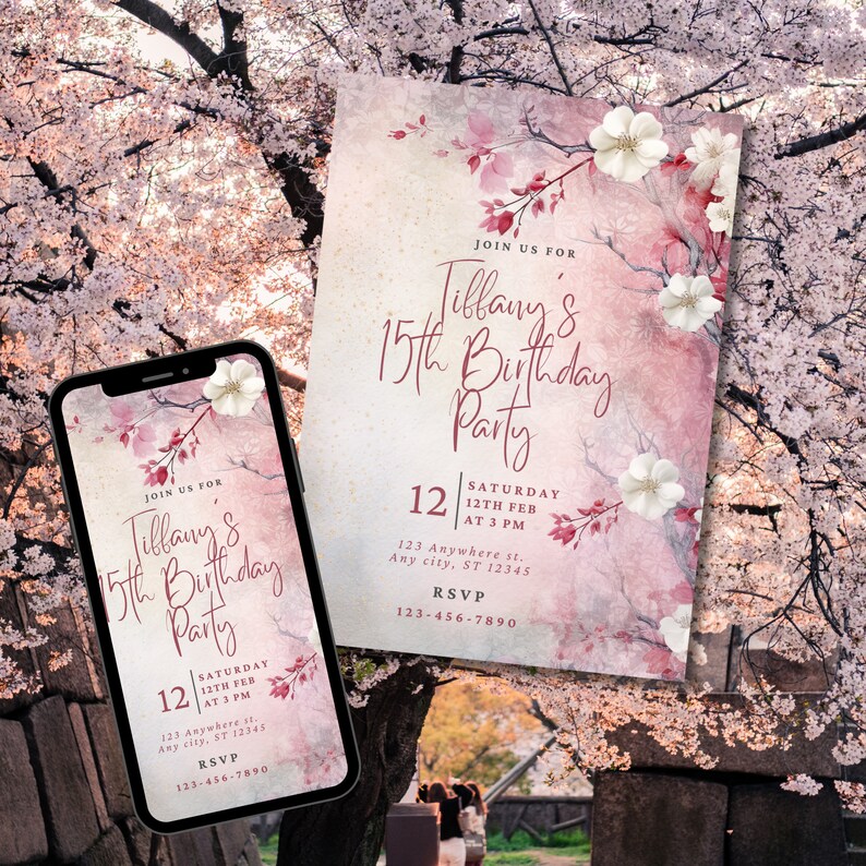 Red Cherry Blossom Birthday Invite, Birthday Invitation, Floral Gold ...