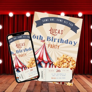 Zirkus-Geburtstagseinladung, Karneval-Geburtstag, Zirkus-Eintrittskarte-Geburtstag, Karneval-Party-Geburtstag, unter der Zirkusart-Party, Jahrmarktgeburtstag