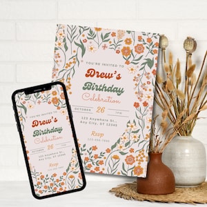 Pink and Orange Retro Flower Birthday Invite, Birthday Invitation, Editable Template, Invite for her, Pink Orange Brunch, pink sage invite