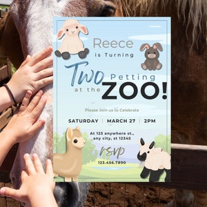 Two at the Petting Zoo Birthday Invite, Editable Template - Etsy