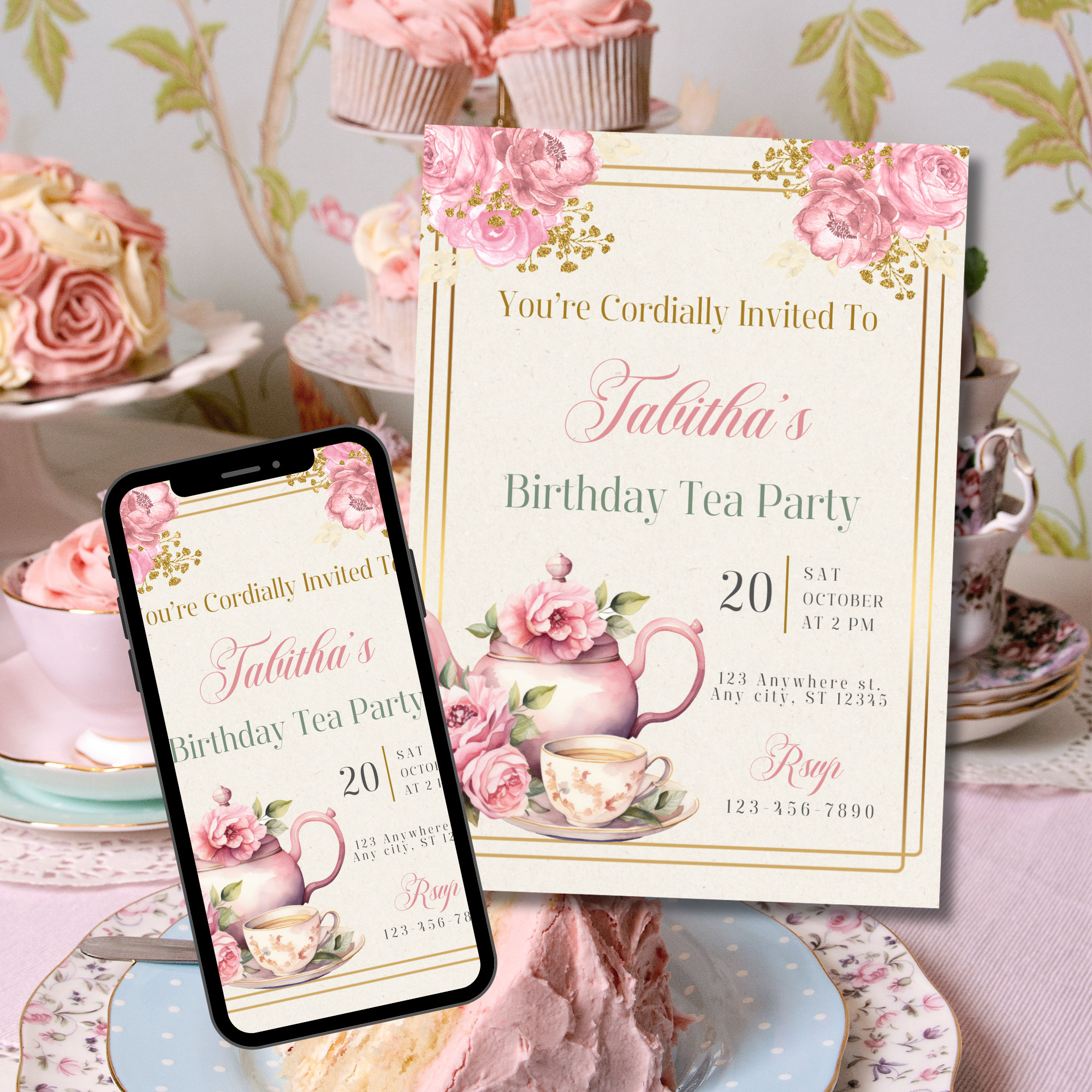 Tea Party Invite, Victorian Birthday Invite, Tea Party Theme, Beige Gold Invite, High Tea Party