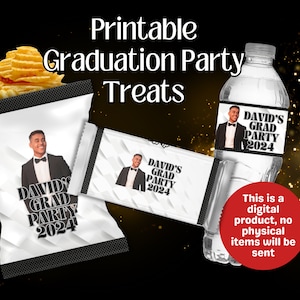 Custom Graduation Party Treats: Chip Bag, Chocolate, Water Labels (PDF)