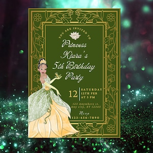 Princess Tiana Birthday Invite, Tiana Birthday Party, Sage Green and Gold, Princess Bday Invite, Kids Bday Party, Princess Frog Invite