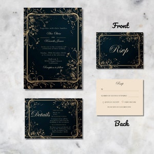 Dark Storybook Wedding Invitation Template, Dark Moody Fairytale, Modern Wedding, Black and Gold Wedding, Whimsical Wedding, Monogram Invite