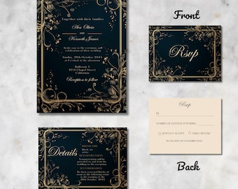 Dark Storybook Wedding Invitation Template, Dark Moody Fairytale, Modern Wedding, Black and Gold Wedding, Whimsical Wedding, Monogram Invite