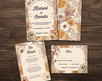 Retro Floral Wedding Bundle, 70s Wedding Set, Earth-Toned Wedding, Rust Flowers Invite, Groovy Boho Wedding, Pink Orange Wedding