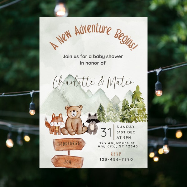 Adventure Baby Shower Invite Template, Woodland Baby Shower, Sage Baby Shower, Editable Template, Rustic Baby Shower, Winter Boho Woodland