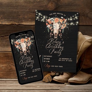 Boho Western Birthday Invite, Cowgirl Invite, Rustic Birthday, Boho Country Invite, Rodeo Birthday, Watercolor Skull