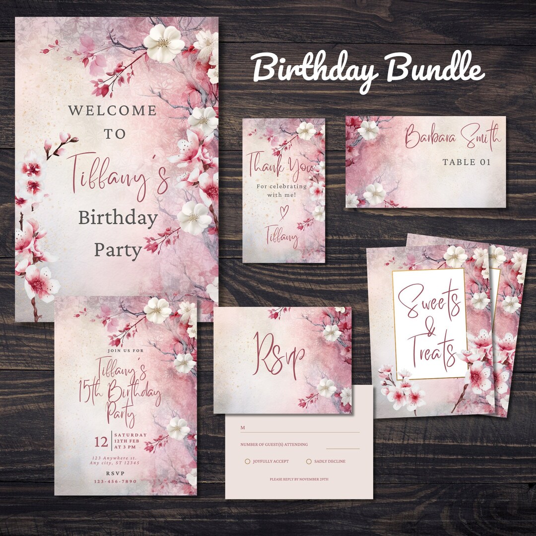 Red Cherry Blossom Birthday Invite, Birthday Invitation, Floral Gold ...