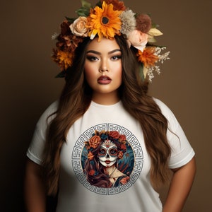 Camiseta com coroa de flores do Dia dos Mortos, camiseta Dia de los Muertos, camiseta La Catrina, camiseta Latina Heritage, camiseta mexicana, camiseta Mexican Heritage