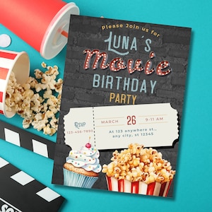 Geburtstag Film einladen Vorlage, Film Ticket Geburtstag, Film Thema Party, Film-Geburtstags-Party Einladung, Kino-Party