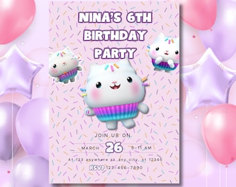 Cakey Cat Birthday Invite, Gabby Invitation, Pink and Purple Party, Gabby Invitations, Editable Invite, Cakey Party, Cakey Birthday