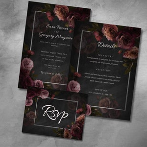 Invitación de boda de rosa de mal humor oscuro, floral de mal humor oscuro, conjunto de invitación de boda diy, boda moderna, boda negra y plateada, negro con floral