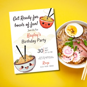 Kawaii Ramen Birthday Invite, Ramen Birthday, Ramen Theme Party, Kids Bday Party