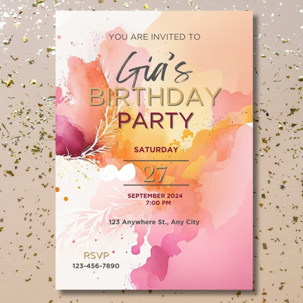 Pink and Orange Birthday Invite Template, Birthday Invitation, Editable Template, Invite for her, Pink Orange Brunch, pink gold invite