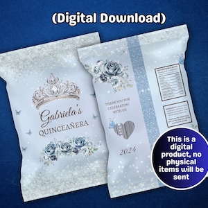 Blaue Quinceanera Party Chip Tasche, benutzerdefinierte Geburtstag Chip Tasche, Blaue Silber Party, Mis Quince Chip Tasche, Canva Vorlage, DIY Party Dekor